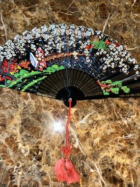 Handheld folding Black Floral Folding Fan with Red Tassel